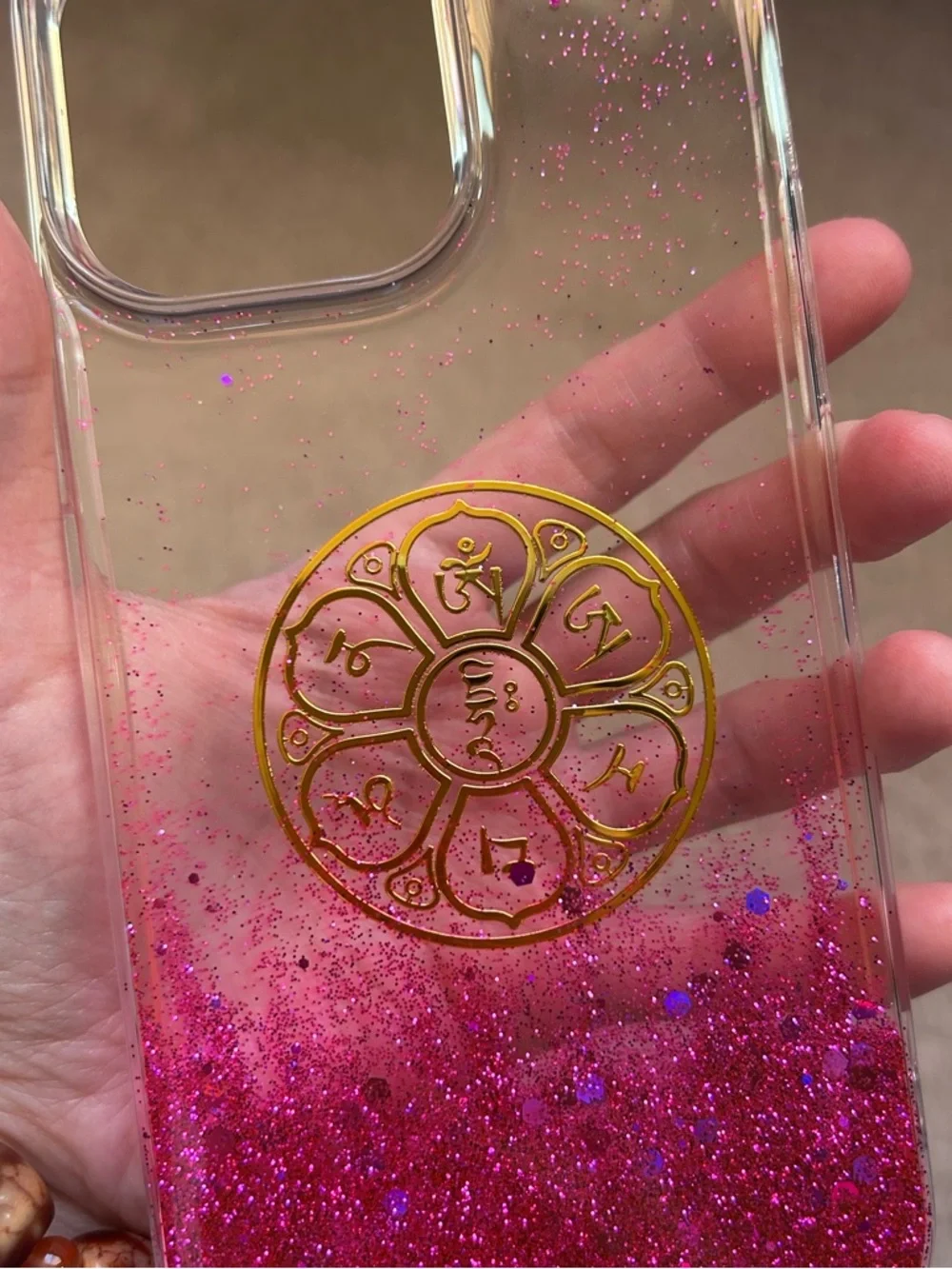 Handmade Tibetan Buddhist Mantra Lotus Pink Glitter IPhone 14 Pro Max Soft Case